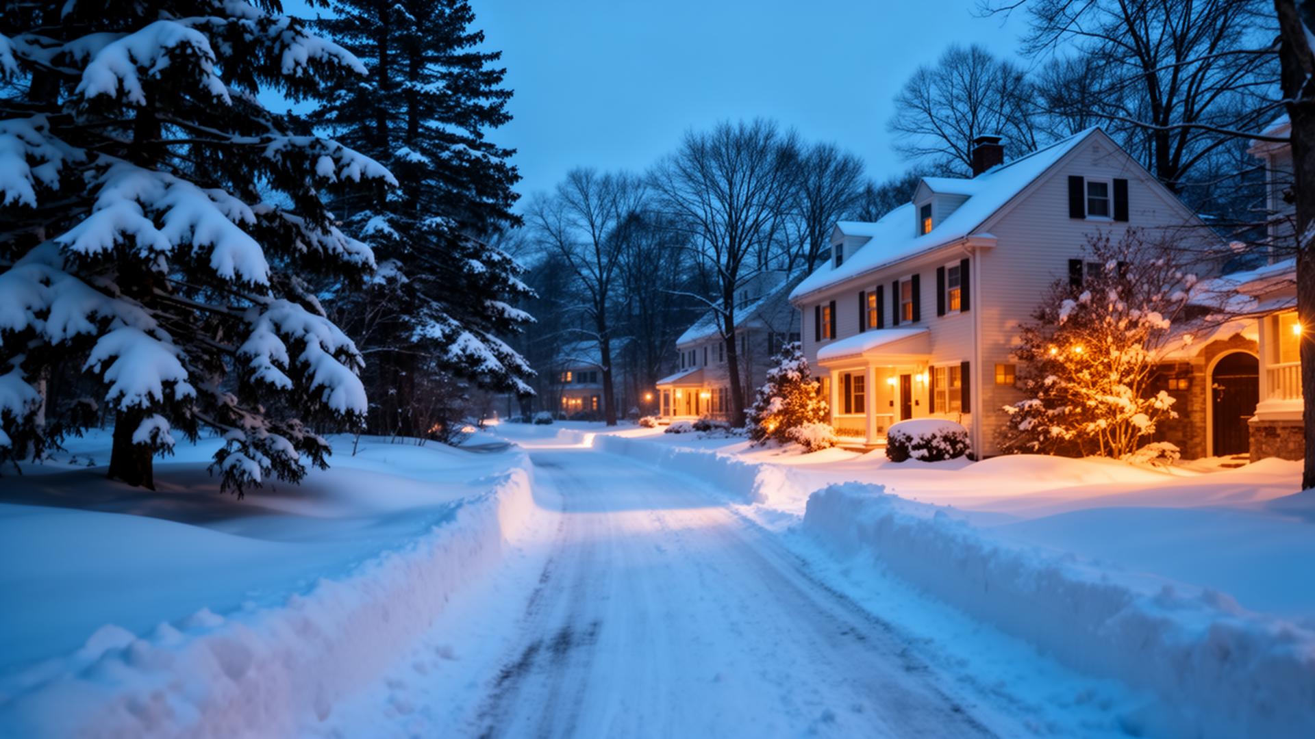 Snowy New England street at blue hour